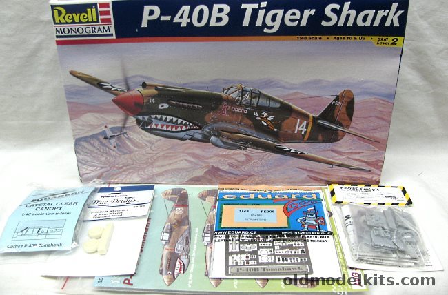 Monogram 1/48 P-40B Tiger Shark + Eduard PE + True Details Wheels + Cutting Edge Cockpit + Squadron Canopy + Star Dust Decals - Monogram Decals for RAF / Flying Tigers / US Army Air Force, 85-5209 plastic model kit